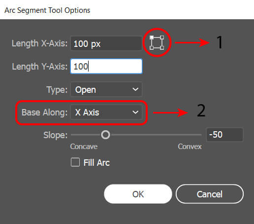 Arc tool options