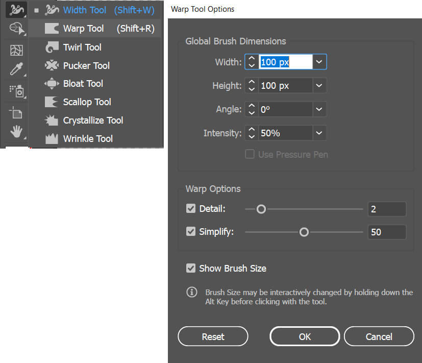 illustrator warp tool dialog box